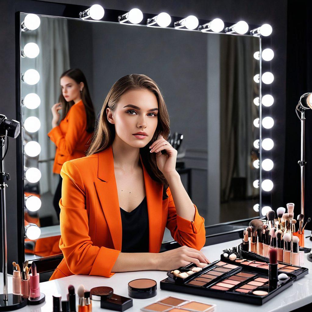 An inspiring scene of an aspiring model practicing poses in front of a large mirror, surrounded by essential modeling tools like a professional camera, makeup products, and a fashion magazine. The setting includes bright studio lights casting a warm glow, emphasizing determination and creativity, with a mood board of style inspirations in the background. The model has a confident expression and is adorned in a stylish outfit. vibrant colors. super-realistic. dynamic composition.