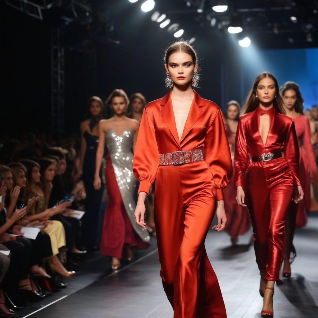 A dynamic fashion runway scene featuring a diverse group of aspiring models confidently strutting down the catwalk, surrounded by bright flashes from cameras and an enthusiastic audience. Incorporate elements like stylish outfits, bold makeup, and glamorous lighting to capture the essence of the fashion industry. Emphasize a sense of ambition and excitement in the atmosphere. super-realistic. vibrant colors. 3D.